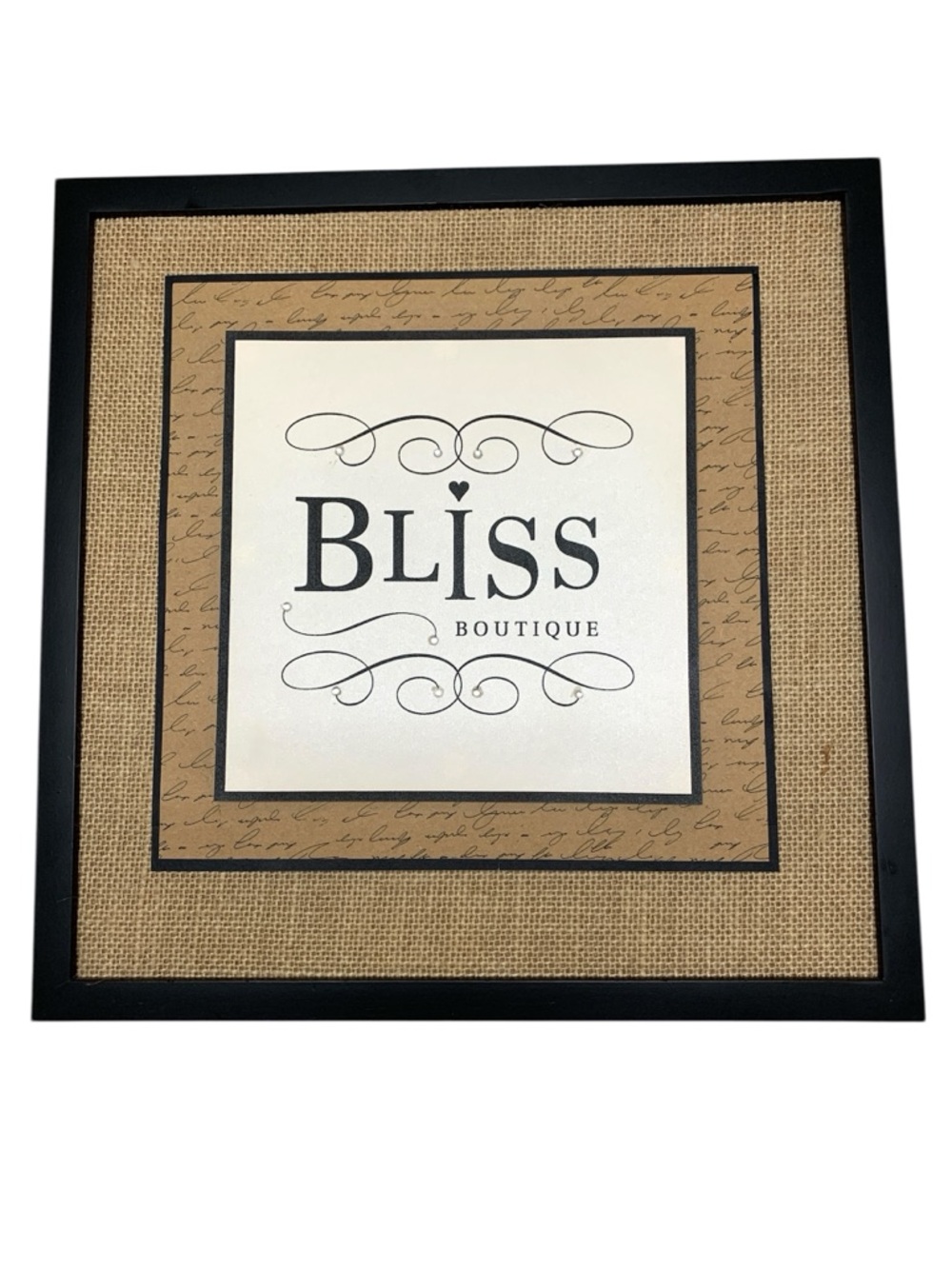 Handmade Bliss Boutique Square Framed Sign Black & Burlap Accent